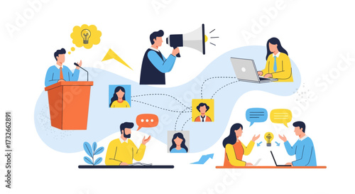 Dynamic team collaborating remotely for business success with creative ideas and communication technologies