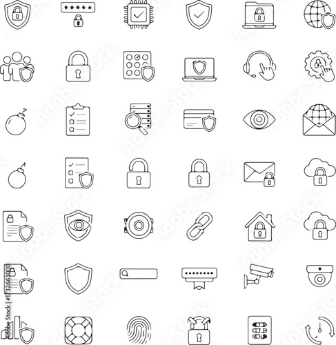 Security web icons in line style. Guard, cyber security, password, smart home, safety, data protection, key, shield, lock, unlock, eye access.
