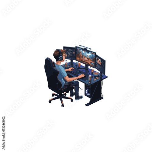 3D vector illustration, teenager streaming video games with headset and microphone, influencer lifestyle, ultra clear quality