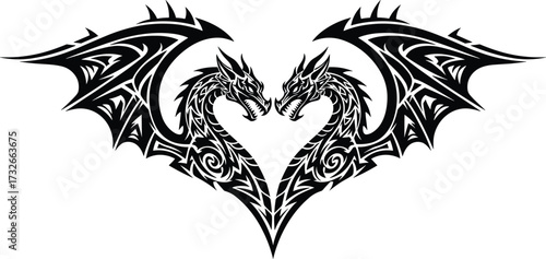 Tribal dragon heart design, symmetrical black illustration, fantasy tattoo style, mythical creature art, fierce wings, unity symbol, vector graphic element
