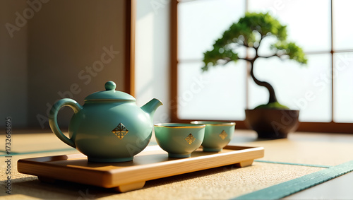 Celadon ceramic tea set on bamboo tray in minimalist Japanese interior