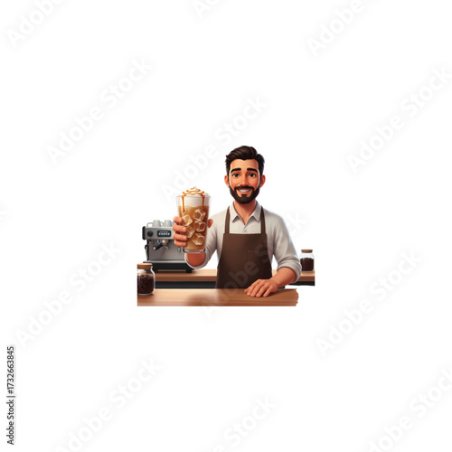 3D vector illustration, barista serving iced coffee, trendy cafe lifestyle, realistic ice cubes and glass reflections