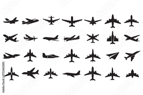 Collection of airplane silhouettes in various models and poses, isolated on transparent background world tourism day design