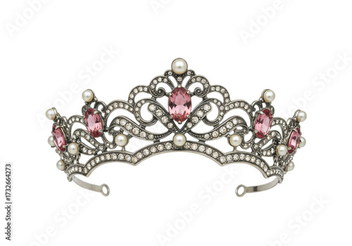 Obraz na płótnie Elegant silver tiara with pink gemstones and pearls isolated, vintage crown for