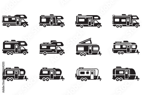 Collection of diverse camper van and trailer icons, isolated on transparent background, showcasing various recreational vehicle designs for travel and adventure world tourism day design