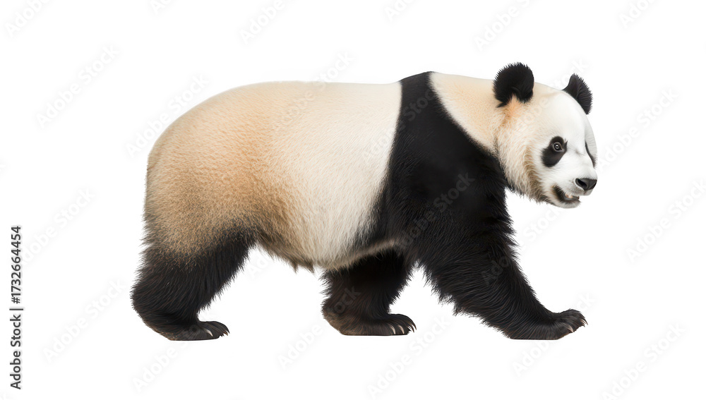 Obraz premium A majestic panda walking gracefully against a plain white background. its distinctive black and white fur. symbolizing wildlife conservation efforts and natural beauty