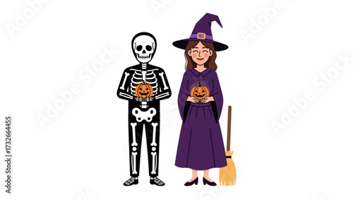 Spooky Halloween Characters: A captivating illustration featuring a skeleton and witch holding jack-o'-lanterns, evoking the festive spirit of Halloween.