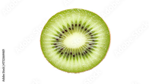 A close-up view of a freshly cut kiwi fruit its green flesh and tiny black seeds. set against a clean white background. ideal for culinary or health-related content