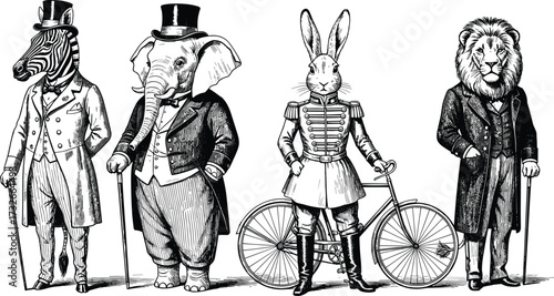 Victorian animal characters, anthropomorphic wildlife in formal attire, surreal vintage fashion illustration, whimsical animal portrait, black and white steampunk-inspired concept art