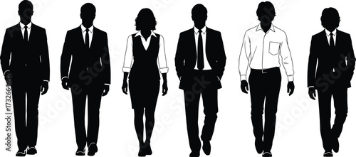 Walking business silhouettes, professional attire mix, formal and casual styles, diverse team movement, black icons, isolated white background, corporate group illustration