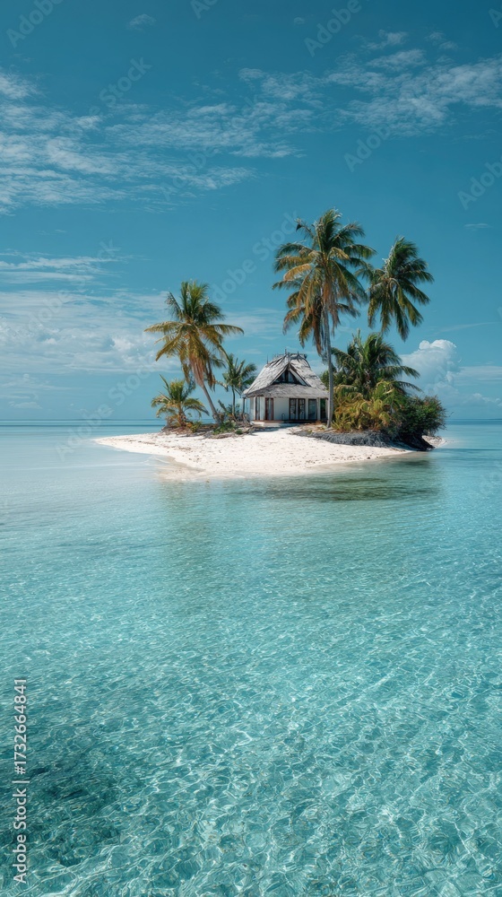 Fototapeta premium Tropical island paradise with clear turquoise water and palm trees under blue sky