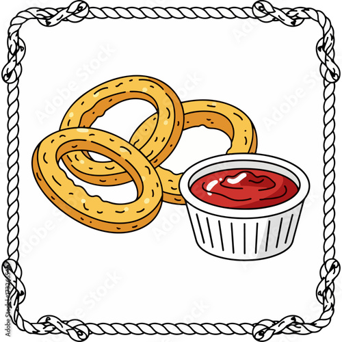 A delicious bar snack of fried onion rings and dipping sauce presented within a decorative rope border. This vector artwork is ideal for pub menus, food truck branding, and fast-food promotions.