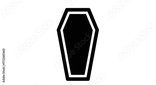 Simple black coffin symbol with white outline for Halloween designs or somber memorial graphics conveys a sense of mourning, remembrance, or spooky fun