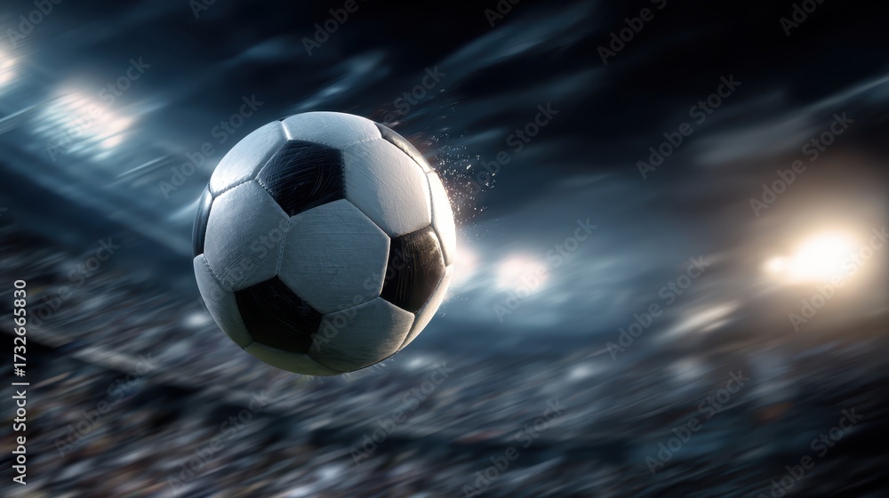 Fototapeta premium Soccer ball flying fast over a crowded stadium with bright spotlights during exciting night game, symbolizing competition, power, energy, and victory