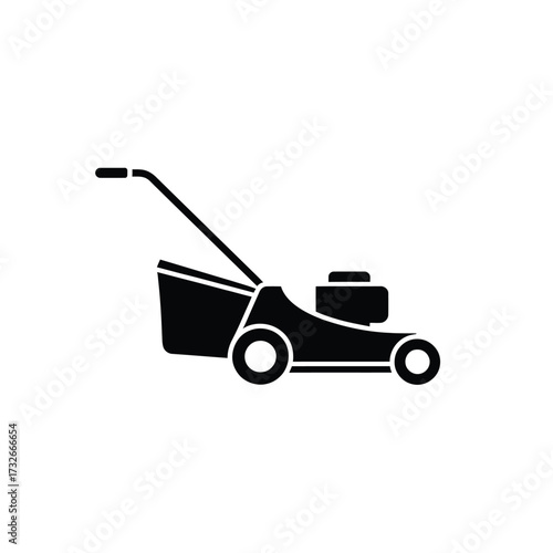 Black silhouette of a push lawn mower with grass catcher