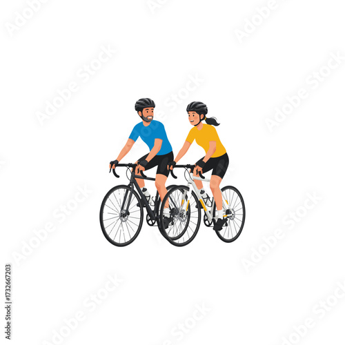3D vector illustration, couple cycling with helmets, eco transport lifestyle, clear vibrant rendering
