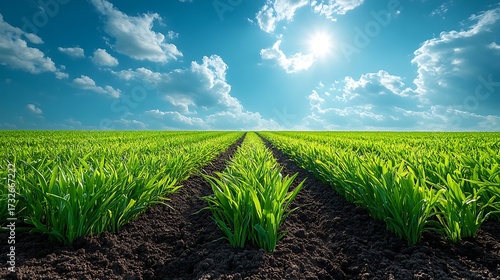 Green field row crops sunlight