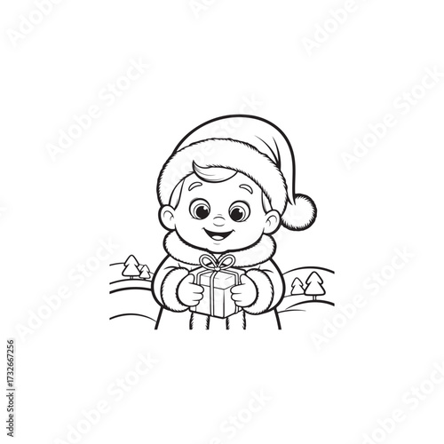 Festive Gift Bearer: A charming illustration of a bundled-up child in a Santa hat happily clutching a gift, set against a simple winter scene, embodying the joy of holiday giving and innocent cheer.