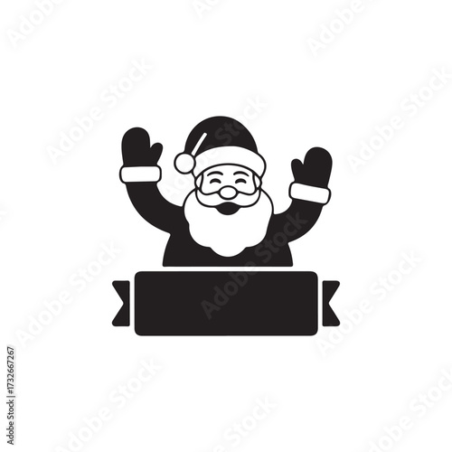 Santa Claus Banner: A jolly depiction of Santa Claus, complete with his iconic hat, gloves, and beard, joyfully raises his arms above a blank banner, inviting messages of holiday cheer.