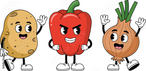 Playful cartoon potato, bell pepper, and onion characters dancing and waving with expressive cartoon faces and vintage style