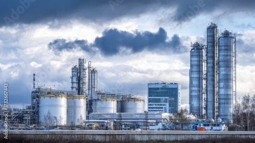 Wallpaper Mural Industrial chemical refinery complex producing fuels and petrochemicals, with storage tanks, distillation columns, and pipelines under a cloudy sky Torontodigital.ca