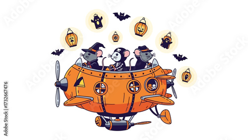 Halloween Mice Airplane Adventure: A charming illustration depicts three cheerful mice piloting an antique airplane festooned with festive Halloween decorations, soaring against a playful sky. 