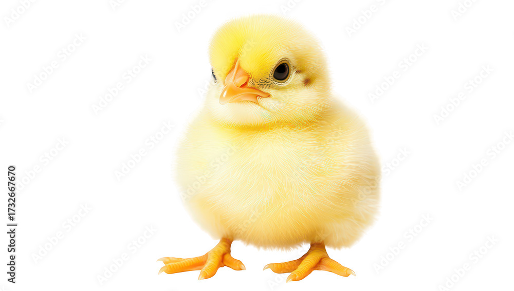Fototapeta premium A cute. fluffy yellow chick standing upright against a white background. its feathers and curious expression. ideal for animal-themed projects or educational materials
