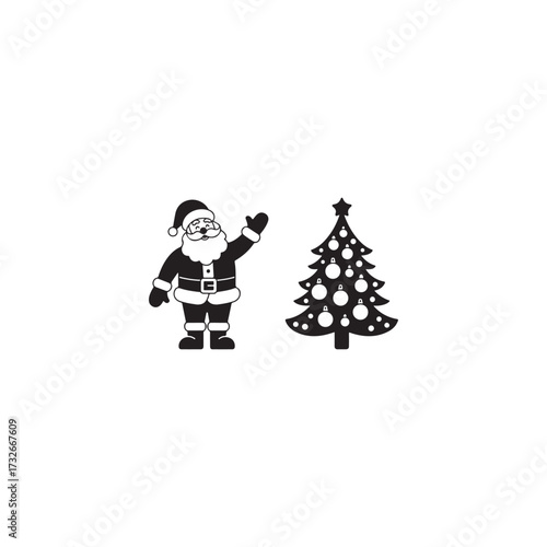 A Festive Icon: A simple silhouette captures the essence of holiday joy, with a jolly figure beside a decorated tree, embodies the spirit of the festive season.
