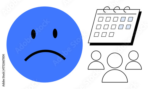 Blue sad face, calendar with highlighted days, and group of people outlines. Ideal for workplace stress, missed deadlines, teamwork challenges, time management, mental health, productivity simple