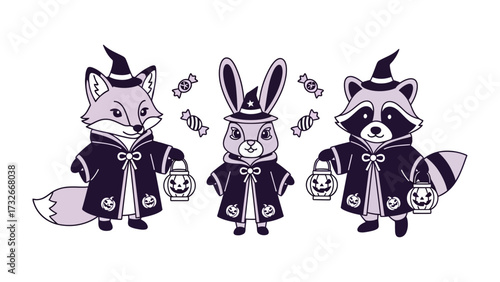 Halloween Squad: A whimsical illustration showcasing a fox, rabbit, and raccoon, all dressed in charming witch costumes, ready for a night of trick-or-treating.