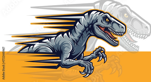 Gray velociraptor with motion lines, prehistoric predator on the hunt