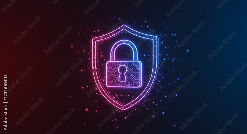 Obraz premium Digital security shield with glowing padlock and circuit patterns on a dark gradient background