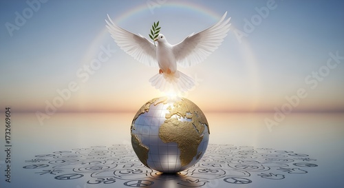 Symbol of hope featuring a dove carrying an olive branch over planet earth with a rainbow background representing peace and serenity for a better future