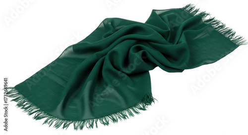 Fotografie Elegant emerald green silk scarf with fringe isolated, luxurious fashion accesso