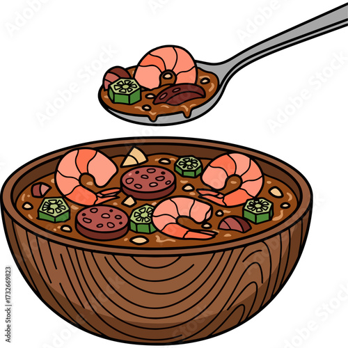 An authentic illustration of the famous New Orleans food classic Cajun gumbo. This artwork is especially suitable for promoting South American cuisine, Mardi Gras events, or soul food restaurants.