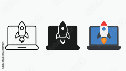 Startup Rocket Launch Flat Vector Illustration, Business Growth and Innovation Vector Concept, Rocket Launching from Laptop Vector Design, Creative Startup and Business Success Illustration