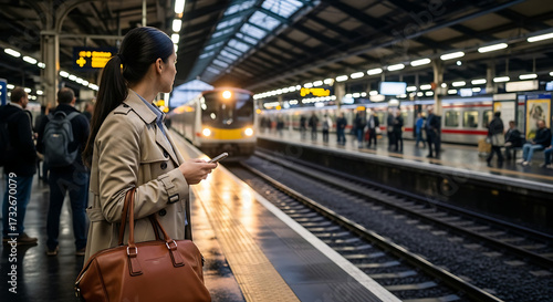 Woman waits for a train while holding a phone She is wearing a trench coat and carrying a bag She looks off into the distance