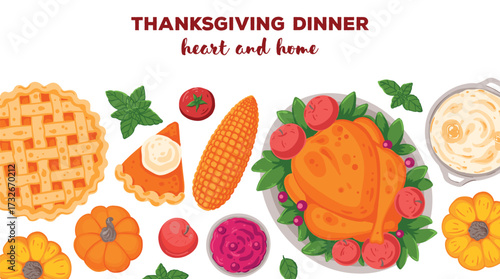 Thanksgiving day, family dinner. Hand drawn flat style. Top view vector illustration. Festive dinner with turkey and potato, apple pie, vegetables, fruits. Autumn food