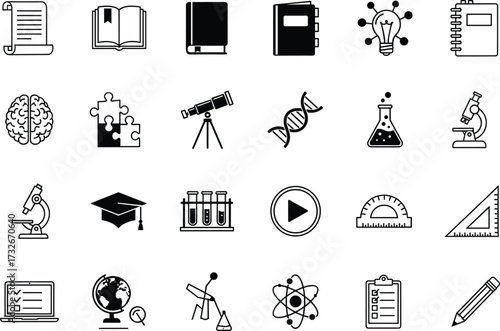 Education and science icons set, school study tools, chemistry biology physics, research and learning symbols, academic knowledge design, technology vector illustration