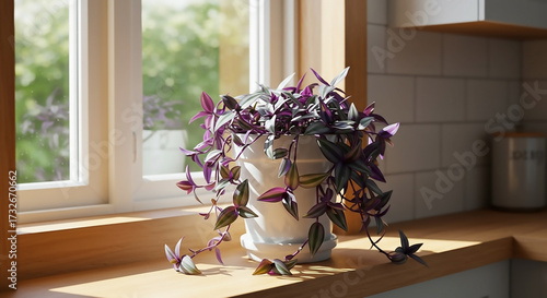 Vibrant purple and green Tradescantia houseplant flourishes on a sun-drenched wooden windowsill in a bright, modern kitchen, creating a refreshing and natural indoor ambiance