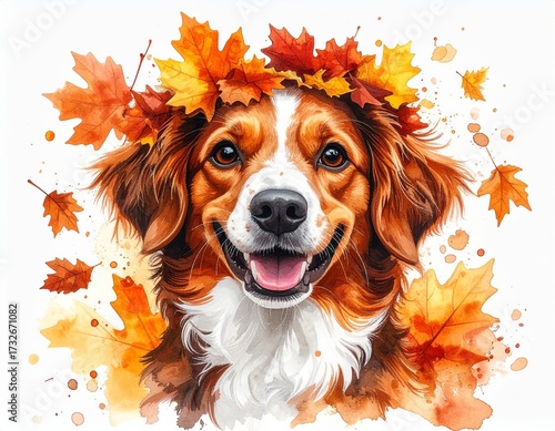Happy dog with autumn leaves on its head enjoys a colorful fall day in a vibrant, joyful setting