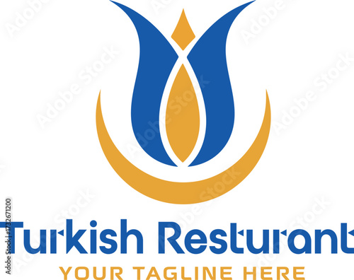 Modern Turkish Restaurant Logo Design Featuring Elegant Tulip Symbol in Blue and Gold