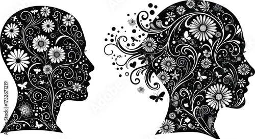Floral human head silhouette illustration with decorative flowers and swirls, creative imagination concept, psychology and nature themed black vector artwork design
