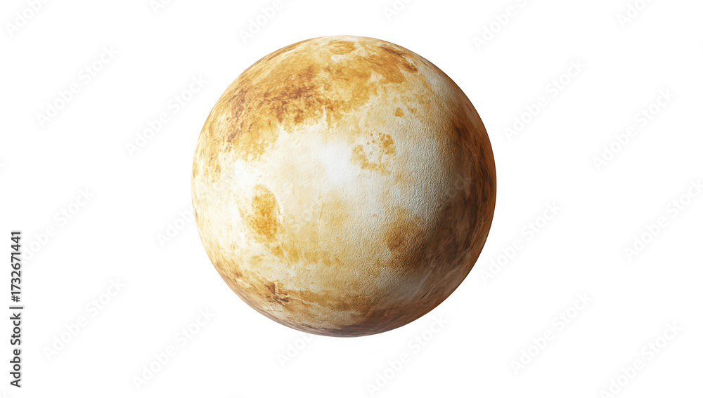 Fototapeta premium A realistic 3D rendering of the planet Venus. its textured surface with a mix of yellow and brown hues. set against a plain white background. ideal for educational or scientific use