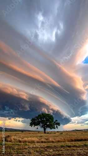 Dramatic clouds over a lone tree