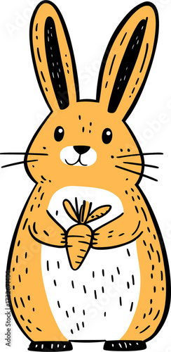 Cute rabbit holding a carrot. Happy Easter bunny symbol. Child illustration for kid decoration on transparent background.