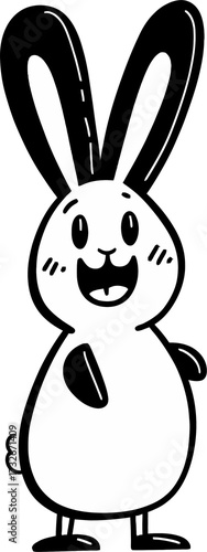 Black and white Easter bunny with happy smiling face. Holiday cute character for spring celebration on transparent background.