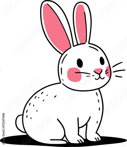 Cute white bunny with pink ears and cheeks illustration on transparent background. Animal character for Easter holiday design.