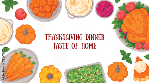 Thanksgiving day, family dinner. Hand drawn flat style. Top view vector illustration. Festive dinner with turkey and potato, apple pie, vegetables, fruits. Autumn food