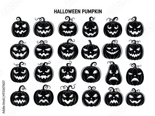 Halloween Pumpkin Collection: A curated assortment of black and white pumpkin illustrations, capturing a range of spooky expressions perfect for the Halloween season. 